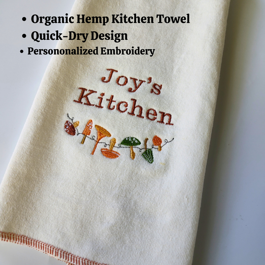 Quick-dry Hemp Dish Towel - Vintage Mushrooms - Personalized Embroidery - Organic Hemp Cotton - Super Absorbent - Tea Towel - 15x25 inches