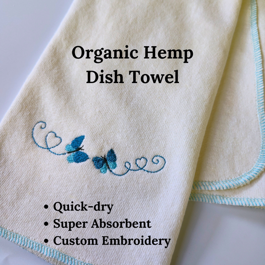 Quick-dry Hemp Dish Towel - Butterflies - Personalized Embroidery - Organic Hemp Cotton - Super Absorbent - Tea Towel - 15x25 inches