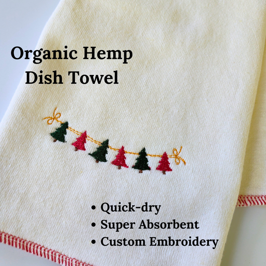 Quick-dry Hemp Dish Towel - Christmas Trees - Personalized Embroidery - Organic Hemp Cotton - Super Absorbent - Tea Towel - 15x25 inches