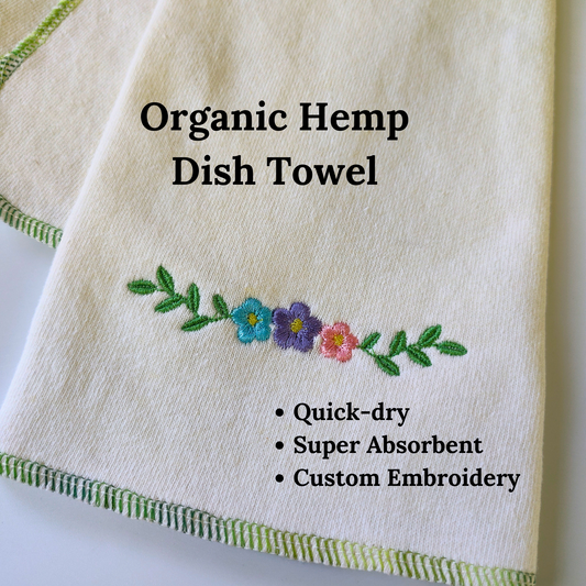 Quick-dry Hemp Dish Towel -Flowers - Personalized Embroidery - Organic Hemp Cotton - Super Absorbent - Tea Towel - 15x25 inches