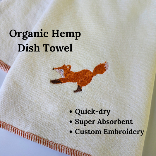 Quick-dry Hemp Dish Towel - Fox - Personalized Embroidery - Organic Hemp Cotton - Super Absorbent - Tea Towel - 15x25 inches