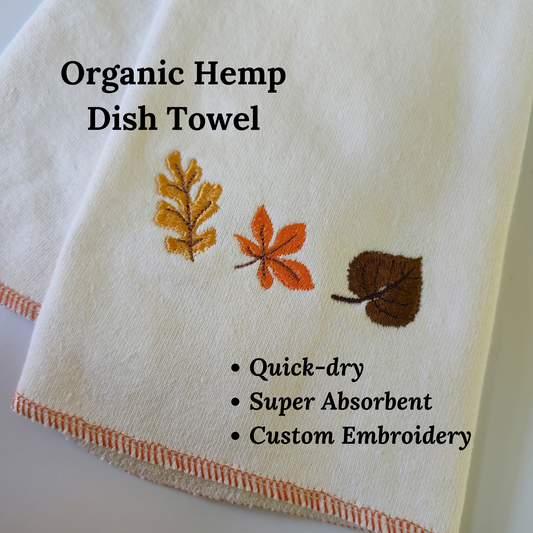 Quick-dry Hemp Dish Towel - Autumn Leaves - Personalized Embroidery - Organic Hemp Cotton - Super Absorbent - Tea Towel - 15x25 inches