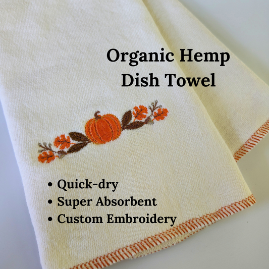 Quick-dry Hemp Dish Towel - Autumn Pumpkin - Personalized Embroidery - Organic Hemp Cotton - Super Absorbent - Tea Towel - 15x25 inches